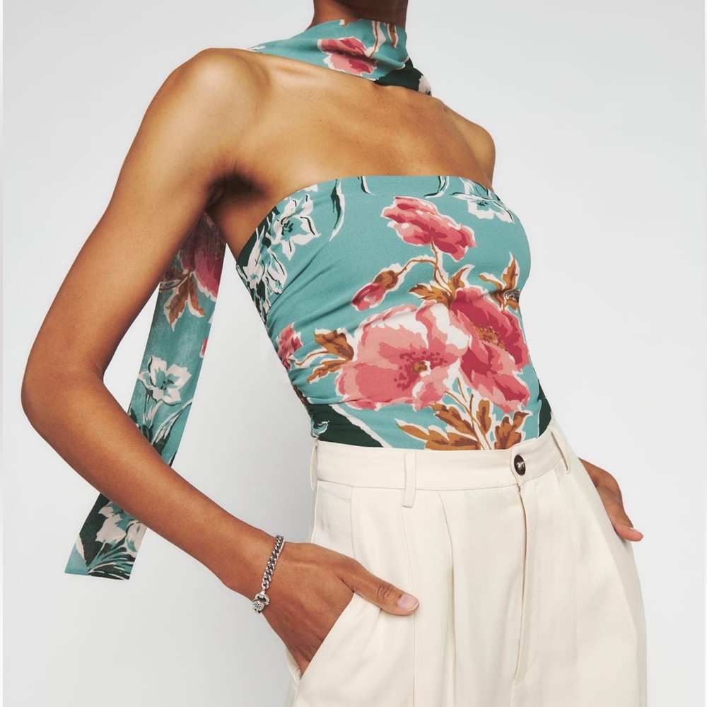 Reformation Blue Floral Lennon Strapless top